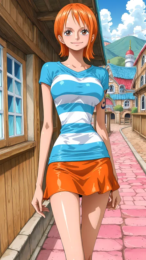 (masterpiece,best quality:1.2,amazing quality,very aesthetic, absurdres, newest), (anime coloring), official style,(nami ,one piece), 1girl,solo,(skinny:1.2), medium breasts,short hair,smile, Blue striped t-shirt,short sleeves,miniskirt,orange skirt,stand...