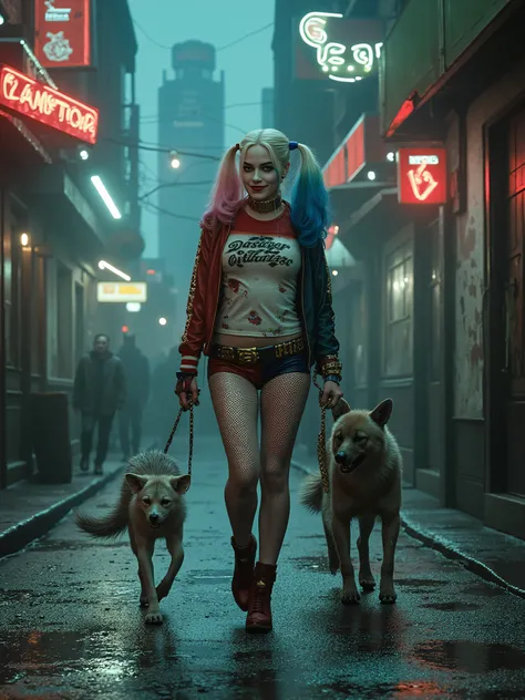 Harley Quinn walking around Gotham with her pet hyena 
