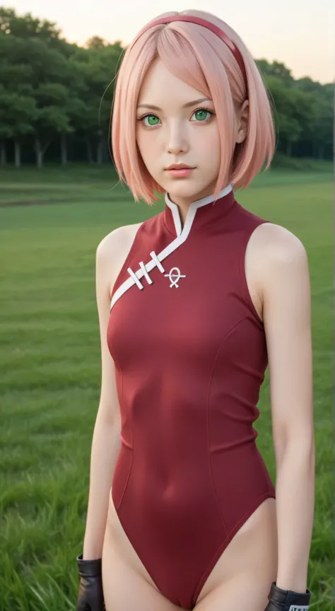 1girl, solo,haruno sakura,emerald eyes,pink hair,short hair,outdoors,potrait,small breast,nature, standing on grass field,sidelocks,red sunset,looking at viewer, front view,close up,black glove,(eilf grass background:1.5),(wear leotard:1.5)