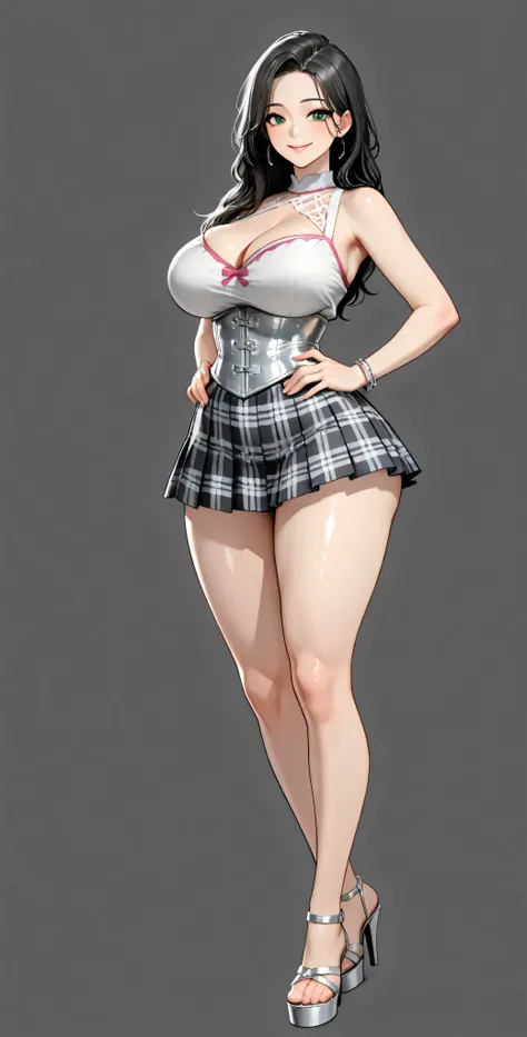 High Definition, 4k, Of course. a very horny nymphomaniac milf babe, cha Hye Yeon. smile. (((Alone.))) (gray background). shiny white metallic corset, sleeveless, sweetheart neckline, shoulders uncovered, clavicles. plaid red miniskirt, pleated, very tig...