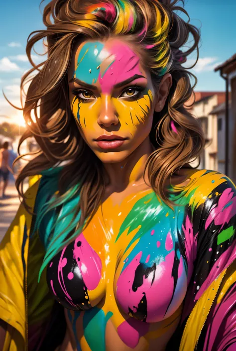 11Paint65Splash99,portrait of a beautiful woman, 2, (body painted with colorful paint, carnival style), realistic self portrait, 8K UHD, dslr, grain of film, Fujifilm XT3 photorealistic painting midjourney art, bright outdoor sunshine, inspired by a Brazil...