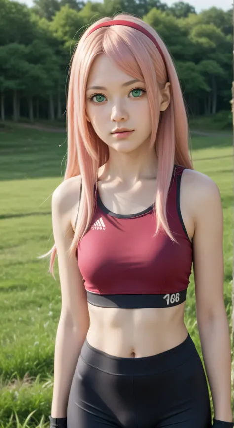 1girl, solo,haruno sakura,emerald eyes,pink hair,(long hair:1.5),outdoors,potrait,small breast,nature, standing still,sidelocks,red sunset,looking at viewer, front view,close up,black glove,(wild grass background:1.5),(wear sports bra:1.5),bike shorts,nave...