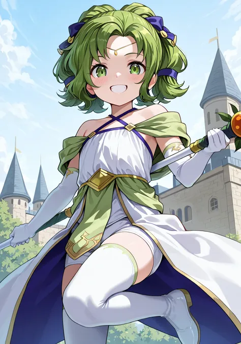 masterpiece, best quality, 1girl, solo, smile, grin, looking at viewer, holding staff, open mouth, smile,  LarachelYNG, L'ArachelFE1, green hair, green eyes, twintails, circlet, young, halterneck, bare shoulders, sleeveless dress, elbow gloves, shorts, whi...