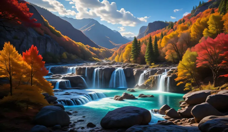 Awe-inspiring 8K landscape of magnificent multi-level waterfall hidden within vibrant autumn forest sanctuary, extraordinary natural formation featuring massive primary cascade dropping over ancient geological cliff before splitting dramatically across wea...