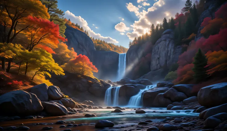Breathtaking photorealistic landscape of majestic multi-tiered waterfall system deep within pristine autumn forest, spectacular towering cascade plunging over ancient rock formations creating multiple dramatic water features at different levels, powerful p...