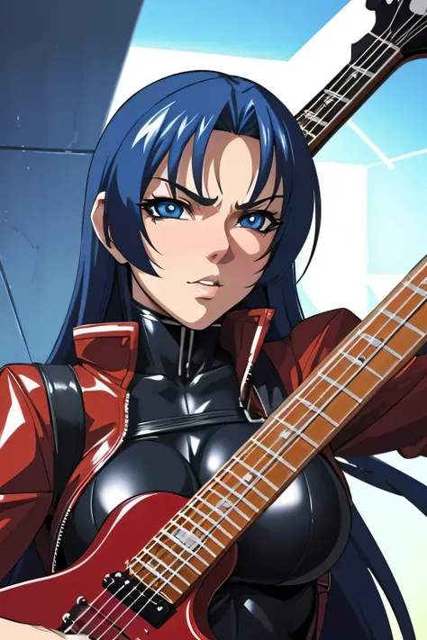 anime style, upper body portrait, slender pale-skinned deep blue-haired female cult rock guitarist, striking sky-blue eyes burning with (((madness))), wearing sexy black and red rock outfit (leather jacket, mesh tights, straps), cold but intense gaze, hold...