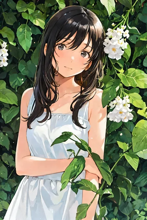 girl,bamboo,bangs,bare arms,bare shoulders,black hair,blush,branch,brown eyes,brown hair,collarbone,dress,flower,flower pot,grass,green wings,holding,holding leaf,ivy,jungle,ladybug,leaf,lily \(flower\),lily of the valley,lily pad,long hair,morning glory,p...