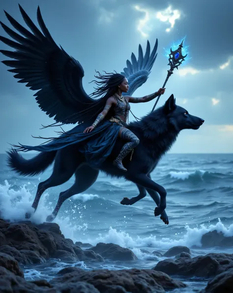 arafed image of a African girl in age 18,  riding a shining black wolf with black wings flying in the very cloudy sky, Long dark brown Nubian dreadlock hair blowing in the wind and blue beautiul ocean sea, along with holding a magic staff with  blue stone ...