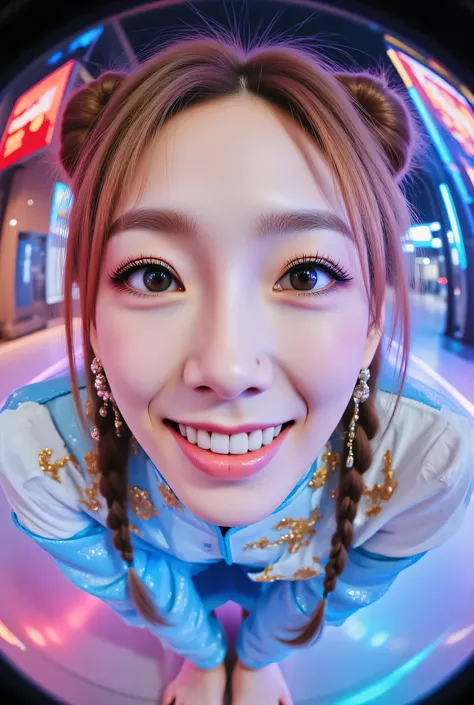 Fisheye lens,ohwx, (Face-focus:1.3), (8mm Fisheye lens:1.3), fisheye curvature applied to her face eyes chin and lips, extreme wide-angle distortion, warped perspective, curved lines, 180° field of view, Taeyeon in a Chun-Li from Street Fighter cosplay, hi...