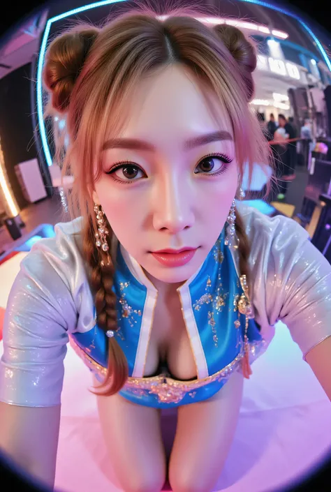 Fisheye lens,ohwx, (Face-focus:1.3), (8mm Fisheye lens:1.3), fisheye curvature applied to her face eyes chin and lips, extreme wide-angle distortion, warped perspective, curved lines, 180° field of view, Taeyeon in a Chun-Li from Street Fighter cosplay, hi...