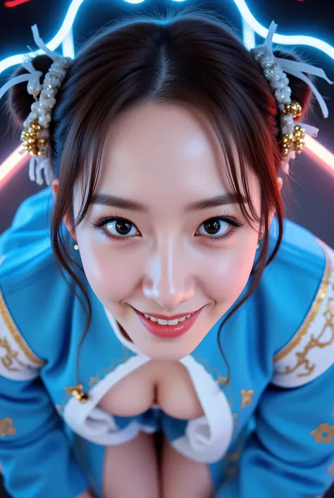 Fisheye, (Face-focus:1.3), (8mm Fisheye lens:1.3), fisheye curvature applied to her face eyes chin and lips, extreme wide-angle distortion, warped perspective, curved lines, 180° field of view, Yoona in a Chun-Li from Street Fighter cosplay, high downward ...