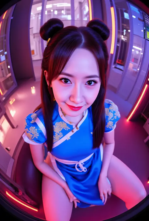 Fisheye, (Face-focus:1.3), (8mm Fisheye lens:1.3), fisheye curvature applied to her face eyes chin and lips, extreme wide-angle distortion, warped perspective, curved lines, 180° field of view, Yoona in a Chun-Li from Street Fighter cosplay, high downward ...