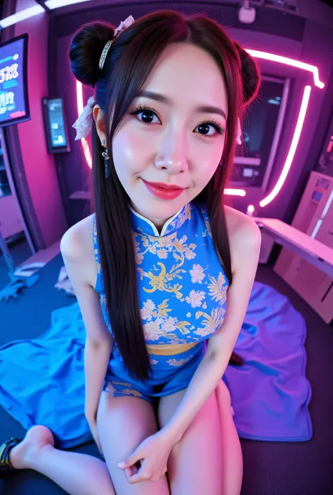 Fisheye, (Face-focus:1.3), (8mm Fisheye lens:1.3), fisheye curvature applied to her face eyes chin and lips, extreme wide-angle distortion, warped perspective, curved lines, 180° field of view, Yoona in a Chun-Li from Street Fighter cosplay, high downward ...