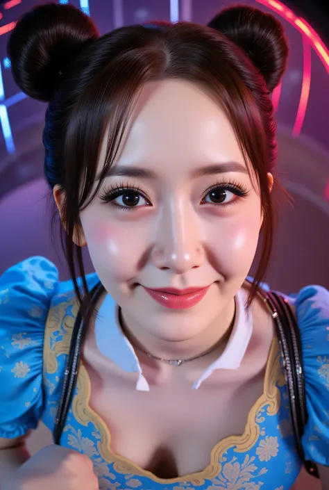 Fisheye, (Face-focus:1.3), (8mm Fisheye lens:1.3), fisheye curvature applied to her face eyes chin and lips, extreme wide-angle distortion, warped perspective, curved lines, 180° field of view, Yoona in a Chun-Li from Street Fighter cosplay, high downward ...