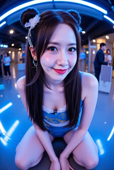 Fisheye, (Face-focus:1.3), (8mm Fisheye lens:1.3), fisheye curvature applied to her face eyes chin and lips, extreme wide-angle distortion, warped perspective, curved lines, 180° field of view, Yoona in a Chun-Li from Street Fighter cosplay, face close-up,...
