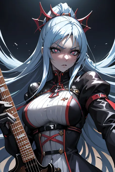 anime style, upper body portrait, mysterious female cult leader guitarist, deep blue long hair, sky blue eyes with dilated pupils staring into void, pale unhealthy skin, seductive black and red rock fashion, holding electric guitar, composed yet intensely ...