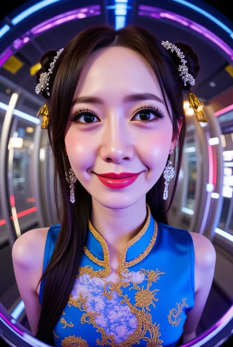 Fisheye, (Face-focus:1.3), (8mm Fisheye lens:1.3), fisheye curvature applied to her face eyes chin and lips, extreme wide-angle distortion, warped perspective, curved lines, 180° field of view, Yoona in a Chun-Li from Street Fighter cosplay, face close-up,...