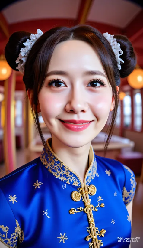 Fisheye, (Face-focus:1.3), (8mm Fisheye lens:1.3), fisheye curvature applied to her face eyes chin and lips, extreme wide-angle distortion, warped perspective, curved lines, 180° field of view, Yoona in a Chun-Li from Street Fighter cosplay, face close-up,...