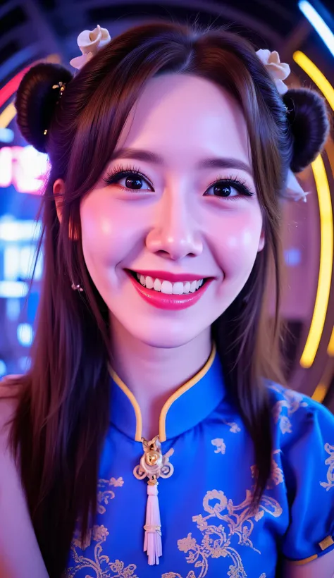 Fisheye, (Face-focus:1.3), (8mm Fisheye lens:1.3), fisheye curvature applied to her face eyes chin and lips, extreme wide-angle distortion, warped perspective, curved lines, 180° field of view, Yoona in a Chun-Li from Street Fighter cosplay, face close-up,...