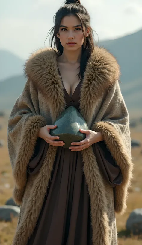Stone age era, (prehistoric age era:1.6), ((Realistic cinematography cinematic close-up angle depth intense details of realistically stunning tundra landscape scenery)),(cinematic close-up),focusing on a beautiful happy turk female standing,cinematic potra...