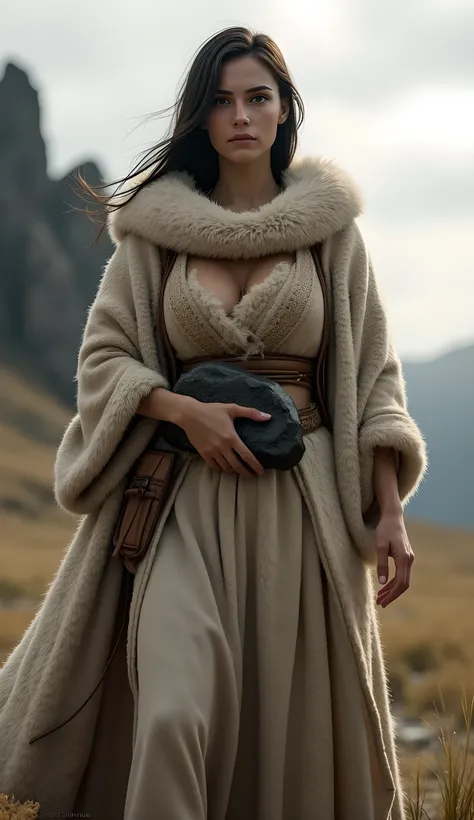 Stone age era, (prehistoric age era:1.6), ((Realistic cinematography cinematic close-up angle depth intense details of realistically stunning tundra landscape scenery)),(cinematic close-up),focusing on a beautiful happy turk female standing,cinematic potra...