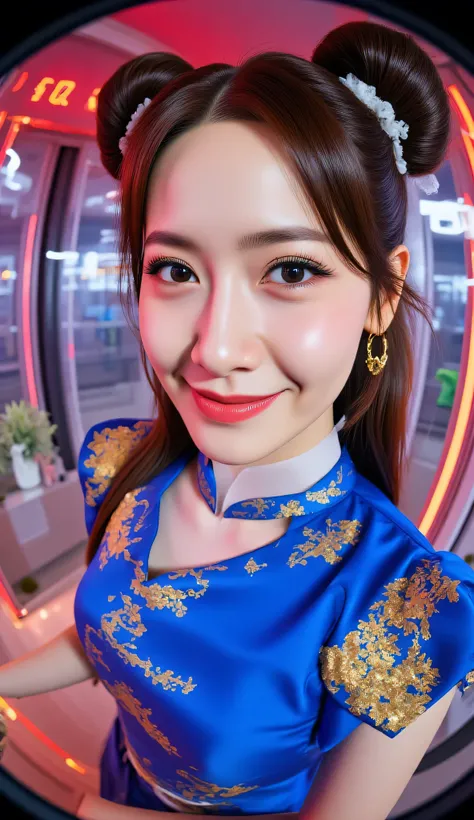 Fisheye, (Face-focus:1.3), (8mm Fisheye lens:1.3), fisheye curvature applied to her face eyes chin and lips, extreme wide-angle distortion, warped perspective, curved lines, 180° field of view, Yoona in a Chun-Li from Street Fighter cosplay, face close-up,...