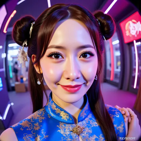 Fisheye, (Face-focus:1.3), (8mm Fisheye lens:1.3), fisheye curvature applied to her face eyes chin and lips, extreme wide-angle distortion, warped perspective, curved lines, 180° field of view, Yoona in a Chun-Li from Street Fighter cosplay, face close-up,...