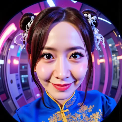 Fisheye, (Face-focus:1.3), (8mm Fisheye lens:1.3), fisheye curvature applied to her face eyes chin and lips, extreme wide-angle distortion, warped perspective, curved lines, 180° field of view, Yoona in a Chun-Li from Street Fighter cosplay, face close-up,...