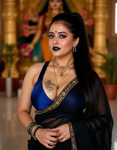 A realistic hindu  married bengali milf,semi curvy figure, in sleeveless thin black sexy saree,navel exposed, snake tatoo in breast,tatoo is fully visible,mehndi in hand, ponytail,black glossy lipstick,blue eyeliner,perfect makeup,love shaped bangle,,breas...