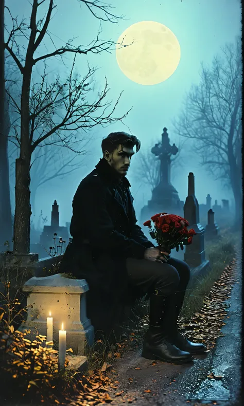 a man standing in a cemetery with a bouquet of flowers, kramskoi 4 k, at the graveyard at midnight, in a graveyard, inspired by Michael Whelan, michael whelan and gustave done, michael whelan and gustave dore, michael whelan art, kramskoi, sitting in a cem...