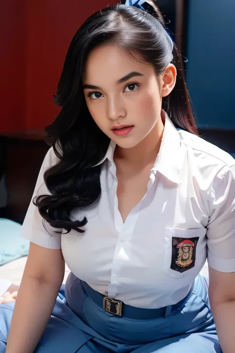 1girl, solo, 19 years old, (uniform), sexy pose, crawling on bed, semi-thick breasts, smooth realistic skin, angry face, white shirt, grey blue skirt, crawling towards viewer, photorealistic, 8K, ultra-detailed, hyper-realistic, physically-based rendering,...