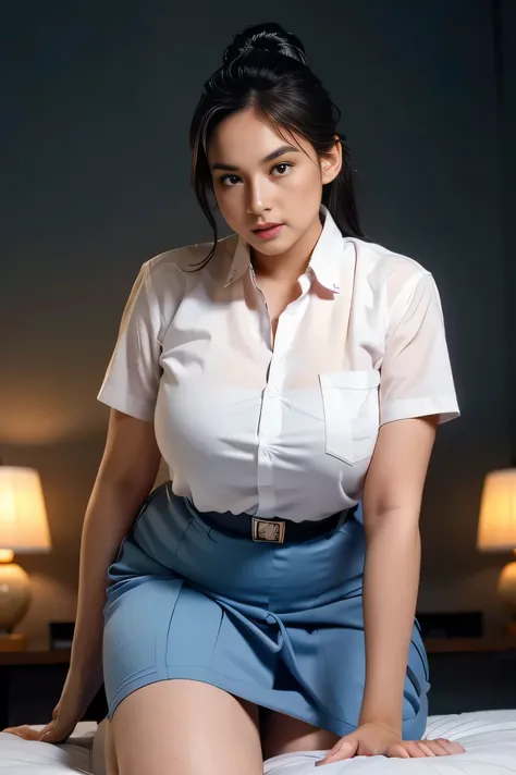 1girl, solo, 19 years old, (uniform), sexy pose, crawling on bed, semi-thick breasts, smooth realistic skin, angry face, white shirt, grey blue skirt, crawling towards viewer, photorealistic, 8K, ultra-detailed, hyper-realistic, physically-based rendering,...