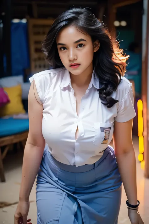 1girl, solo, 19 years old, (uniform), crawling on the beach , semi-thick breasts, smooth realistic skin, angry face, white shirt, grey blue skirt, crawling towards viewer, photorealistic, 8K, ultra-detailed, hyper-realistic, physically-based rendering, chi...