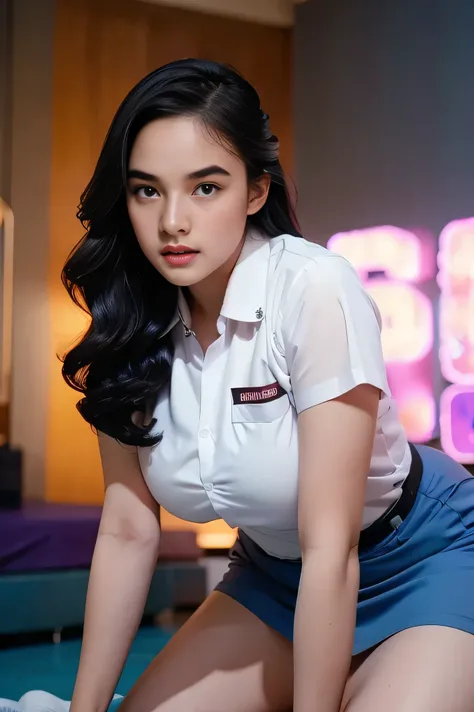 1girl, solo, 19 years old, (uniform), at the gyn, crawling towards viewer, semi-thick breasts, smooth realistic skin, angry face, white shirt, grey blue skirt, crawling towards viewer, photorealistic, 8K, ultra-detailed, hyper-realistic, physically-based ...