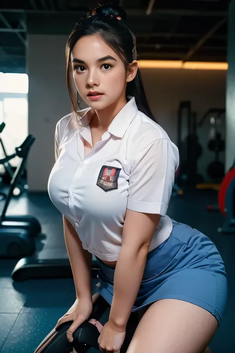 1girl, solo, 19 years old, (uniform), at the gym, crawling towards viewer, semi-thick breasts, smooth realistic skin, angry face, white shirt, grey blue skirt, crawling towards viewer, photorealistic, 8K, ultra-detailed, hyper-realistic, physically-based ...