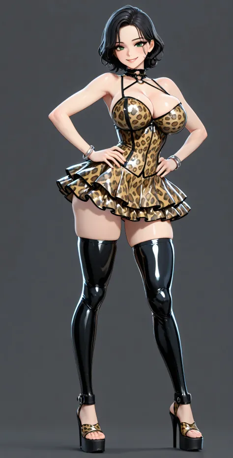 high definition, 4k, Of course. a nymphomaniac and very horny MILF babe, cha Hye Yeon. smile. (((Alone.))) (gray background). Leopard print corset:1.5. shiny metallic. sleeveless, sweetheart neckline, bare shoulders, clavicles. (((Ruffle skirt))) (((in l...