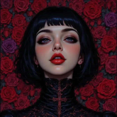 8K digital photography, Complex, elegant, highly detailed, majestic, Facial portrait of a pale-skinned girl, black bob haircut, thin lips with red lipstick, No eyes or nose, Only her lips, nose piercing, background: black roses, red and purple roses.