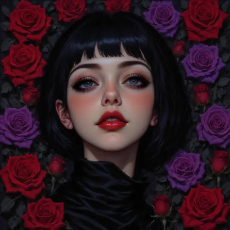 8K digital photography, Complex, elegant, highly detailed, majestic, Facial portrait of a pale-skinned girl, black bob haircut, thin lips with red lipstick, No eyes or nose, Only her lips, nose piercing, background: black roses, red and purple roses.