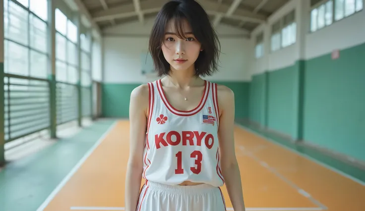 reality、Japanese teenage girls 、laughing smile 、super short hair、dark haired、dark eyes、Shy、blush、((On the chest「KORYO」A white basketball uniform with Japanese text printed on it、Wide Decollete、medium breasts、belly button out、Belly exposed、thin、Thin Waist、W...