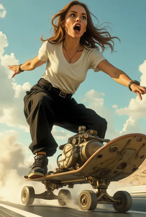 Girl riding a skateboard equipped with 2 small jet engines boasting devilish acceleration、accurate body depiction、Old Jet Engine、Grey Smoke and Fire Flames、Girl with Surprised Expression、White T Shirt、Black Oversized Pants、deck shoes、composition from below...