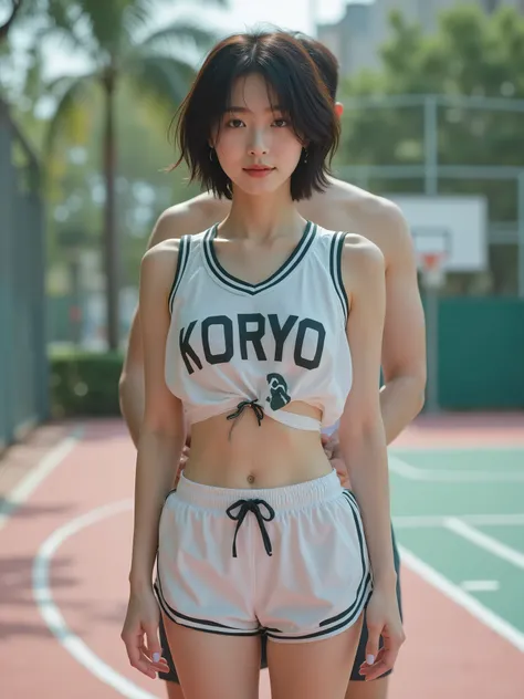 a young Japanese woman with black hair super short hair and fair skin, with large black letters on her chest「KORYO」standing wearing a white basketball uniform with {x} written on it、belly button out、Belly exposed、thighs.  she also has 、wearing white super ...