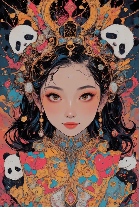 black metal、abstract geometric shapes, colorful shiny viscous liquid、Japanese female idol wearing colorful idol costumes with intricate details、pandas spin happily while holding hands、smiling face、hearts and star signs pop out like a fountain from below、Hi...