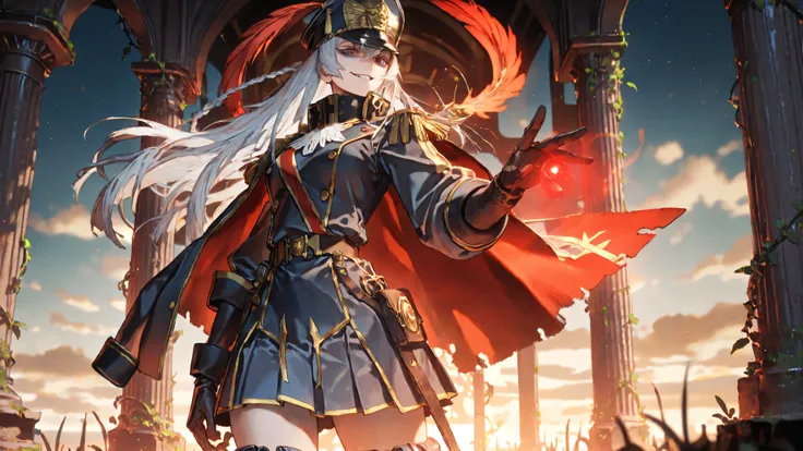 masterpiece, best quality, ultra-detailed, hyper-detailed, intricate details everywhere, 8k uhd, sharp focus, anime style inspired by Re:CREATORS, Altair the military uniform princess, stunning young woman with extremely long flowing silver-white hair reac...