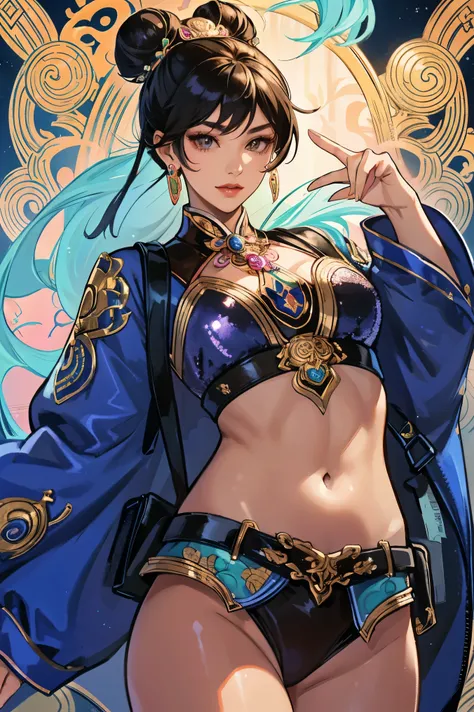 ( Lithograph ) dark hair long, Double bun, brown eyes, with split bangs, ring, Jewelry, earrings, choker, Ejaculation on the body, ((sexy original sequin leather costume)). Happy,smile, hair ornament , thigh-length stockings , dark hair, Full lips, long ha...