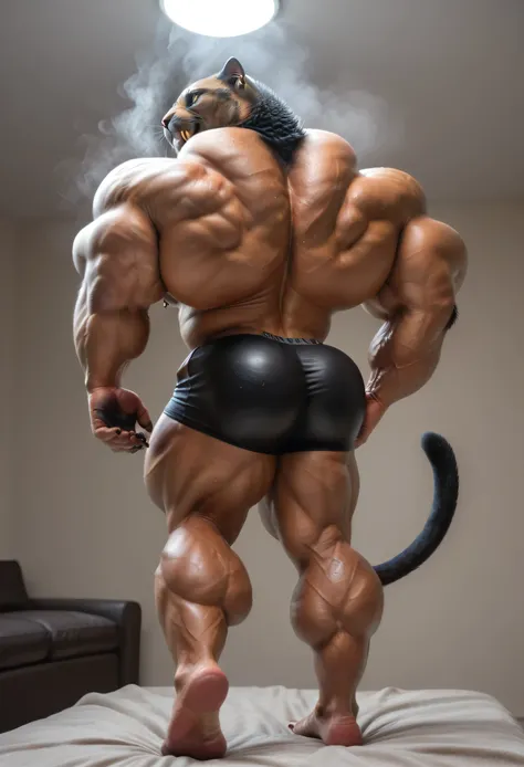 (((by 00b00b43, by morph, by w0lfc0nf))), (((Huge Adult Male Muscular Furry Anthro Feline Black Panther:1.5))), (((Solo:2))), (((Detail Bright Orange Eyes:1.5, Black Sclera:1.5))), (((Position(facing to away, back side view position:1.5, both of his hands ...