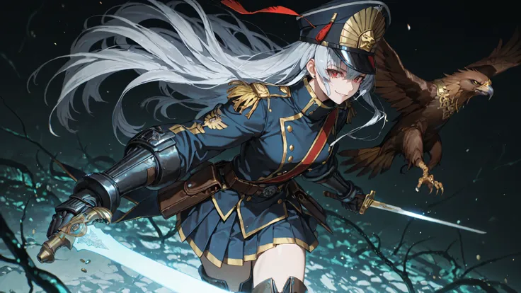 masterpiece, best quality, ultra-detailed, highly intricate, 8k resolution, anime style, Altair from Re:CREATORS, beautiful young woman with long flowing silver-white hair cascading down to her waist in elegant waves and subtle highlights, piercing crimson...