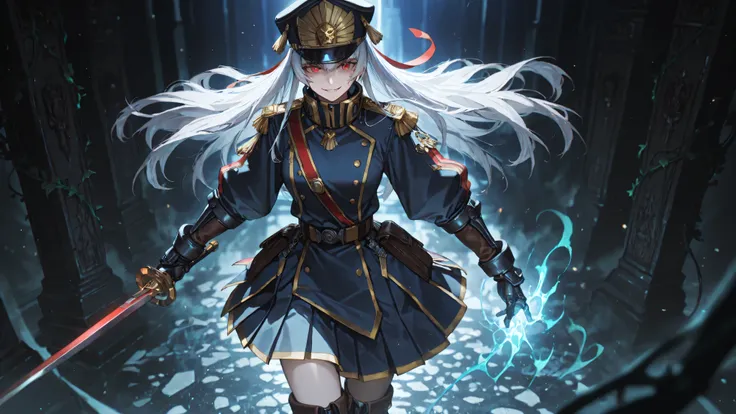 masterpiece, best quality, ultra-detailed, highly intricate, 8k resolution, anime style, Altair from Re:CREATORS, beautiful young woman with long flowing silver-white hair cascading down to her waist in elegant waves and subtle highlights, piercing crimson...