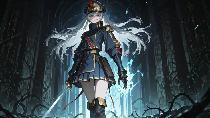 masterpiece, best quality, ultra-detailed, highly intricate, 8k resolution, anime style, Altair from Re:CREATORS, beautiful young woman with long flowing silver-white hair cascading down to her waist in elegant waves and subtle highlights, piercing crimson...