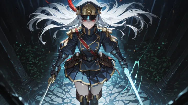 masterpiece, best quality, ultra-detailed, highly intricate, 8k resolution, anime style, Altair from Re:CREATORS, beautiful young woman with long flowing silver-white hair cascading down to her waist in elegant waves and subtle highlights, piercing crimson...