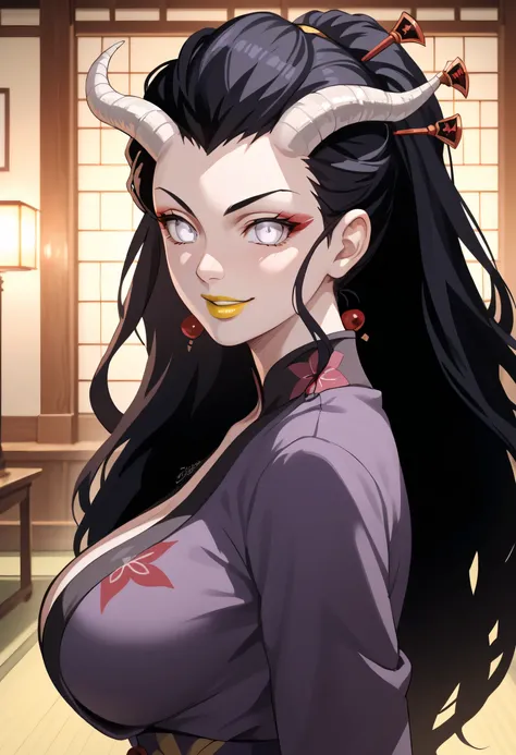 woman, large breasts, anime style, yellow lipstick, pale skin, white eyes, dark environment, focus on the character, sensual smile, purple kimono, side view, long hair, looking at the viewer, strong, black hair, inside a Japanese temple, horns, night, dark...